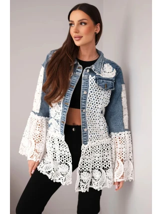 Dámská džínová bunda z bavlny a krajkovým vzorem tmavě džínová