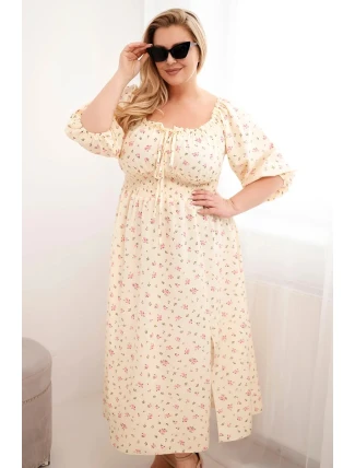 Dámská plus size šaty s výstřihem na šňůrky a elastickým pasem žlutá