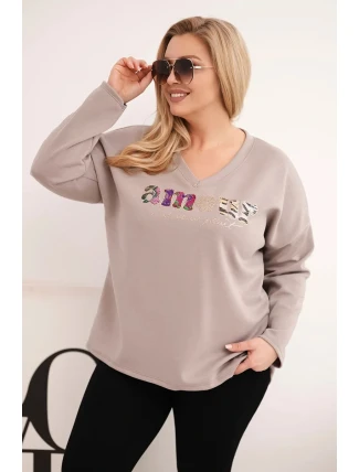 Dámská mikina Plus Size s nápisem a výstřihem do V fango