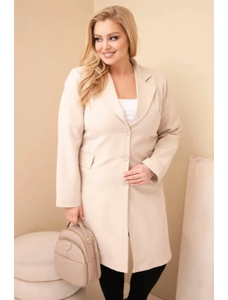 Dámský kabát Plus Size dlouhý s límcem a kapsami béžový