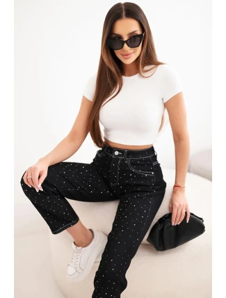 Dámské džíny s vysokým pasem a ozdobami černé