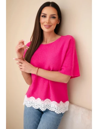 Dámský svetr s krátkým rukávem a krajkou fuchsie