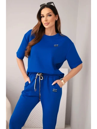 Dámská viskózová souprava s krátkým rukávem a kalhotami s ohrnovací nohavicí chabrový