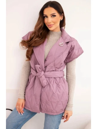 Dámská prošívaná vesta s páskem a širokým límcem tmavě růžová