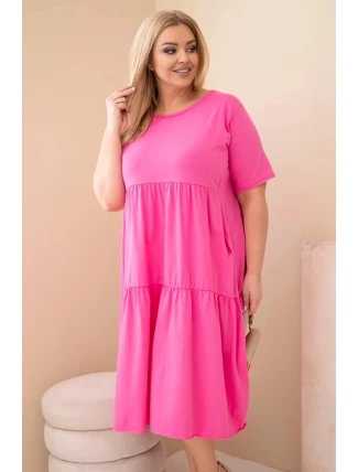 Dámské bavlněné plus size šaty s krátkým rukávem a volánem růžová