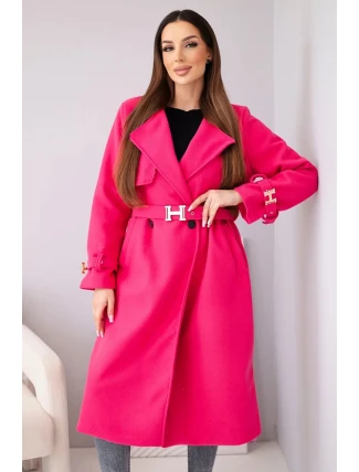 Dámský kabát s páskem a zlatými přezkami fuchsiová