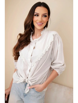 Dámská bavlněná košile s krajkou a zavazováním béžová