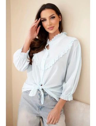 Dámská bavlněná košile s krajkou a vázáním modrá