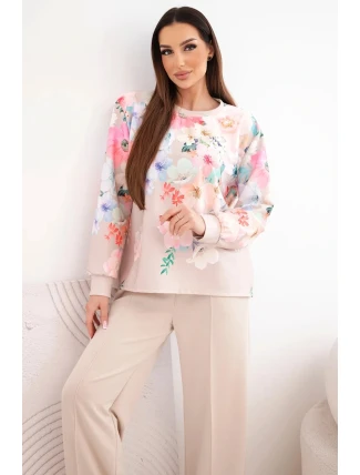 Dámský viskózový komplet s máslovou úpravou v květinovém vzoru se širokými nohavicemi béžový