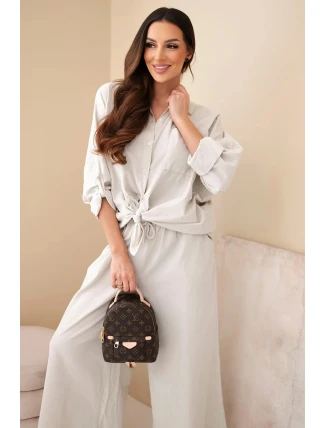 Dámský bavlněný komplet s vázanou košilí a širokou nohavicí béžový