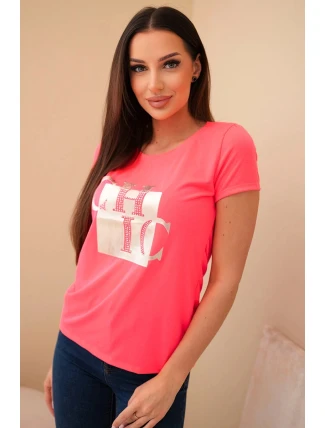Dámské bavlněné tričko s potiskem CHIC růžový neon