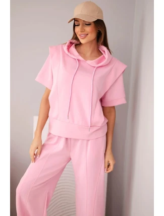 Dámská souprava máslová mikina s kapucí a volné kalhoty se šňůrkou cukrově růžová