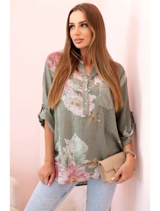 Dámská blůza z bavlny s květinovým vzorem a knoflíky khaki