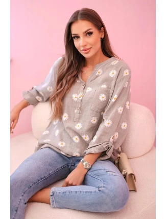 Lněná dámská halenka s květinovým vzorem, dlouhými rukávy a knoflíky kapučíno