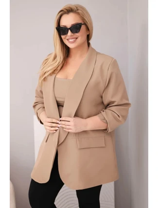 Dámské sako Plus Size elegantní tmavě camelové