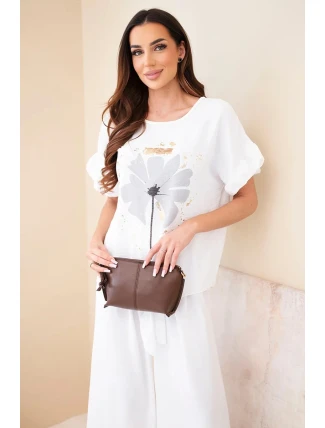 Dámský viskózový komplet s halenkou s potiskem a kalhotami bílý