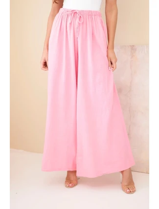 Dámské široké bavlněné kalhoty s gumou v pase cukrově růžová