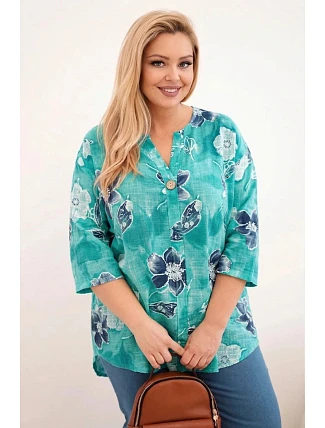 Dámská bavlněná halenka Plus Size s květinovým vzorem mořská