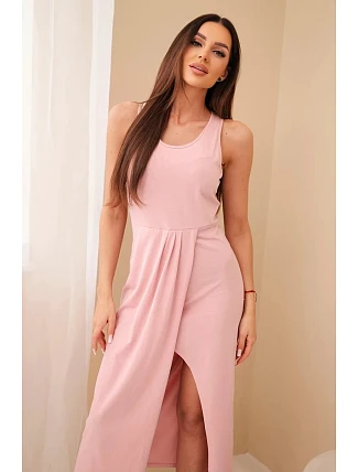 Dámské bavlněné midi šaty bez rukávů s řasením tmavě růžová