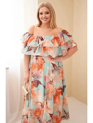 Dámské šaty plus size s volánem a odhalenými rameny, s elastickým pasem maxi mátová
