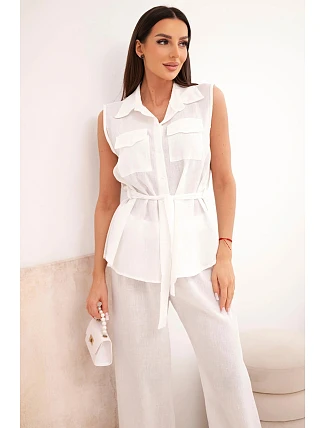 Dámský komplet s vázanou halenkou a širokými kalhotami ecru Dámský komplet s vázanou halenkou a širokými kalhotami ecru