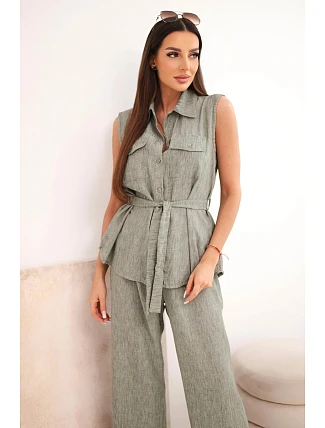 Dámský komplet se zavazovací halenkou a širokými kalhotami khaki Dámský komplet se zavazovací halenkou a širokými kalhotami khaki