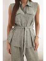 Dámský komplet se zavazovací halenkou a širokými kalhotami khaki Dámský komplet se zavazovací halenkou a širokými kalhotami khaki