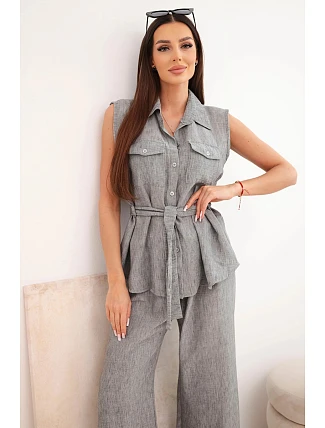 Dámský komplet s halenkou se zavazováním a širokými kalhotami grafitový