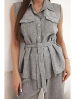 Dámský komplet s halenkou se zavazováním a širokými kalhotami grafitový