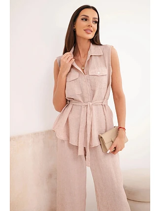 Dámský komplet s vázanou blůzkou a širokými kalhotami pudrově růžová