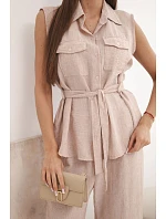 Dámský komplet s vázanou blůzkou a širokými kalhotami pudrově růžová