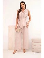 Dámský komplet s vázanou blůzkou a širokými kalhotami pudrově růžová