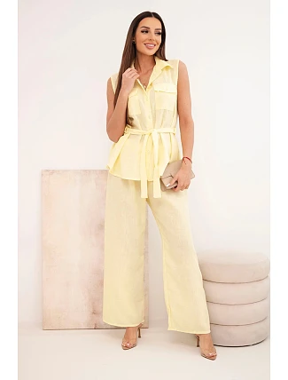 Dámský komplet s vázanou halenkou a širokými kalhotami žlutý