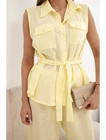 Dámský komplet s vázanou halenkou a širokými kalhotami žlutý