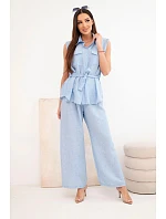 Dámský komplet s vázanou halenkou a širokými kalhotami modrý