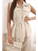 Dámský komplet s vázanou halenkou a širokými kalhotami béžový Dámský komplet s vázanou halenkou a širokými kalhotami béžový