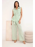 Dámský komplet s halenkou na zavazování a širokými kalhotami mentolový