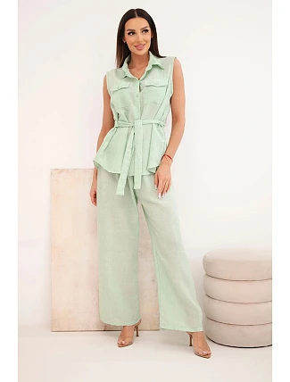 Dámský komplet s halenkou na zavazování a širokými kalhotami mentolový