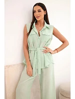 Dámský komplet s halenkou na zavazování a širokými kalhotami mentolový