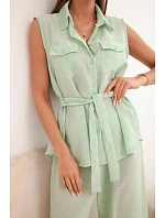 Dámský komplet s halenkou na zavazování a širokými kalhotami mentolový