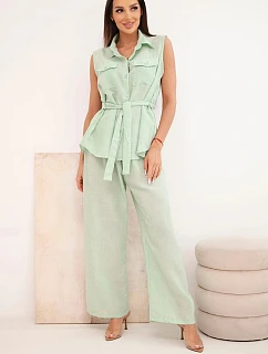 Dámský komplet s halenkou na zavazování a širokými kalhotami mentolový