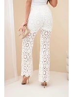 Dámské bavlněné ažurové kalhoty se širokými nohavicemi a elastickým pasem bílé