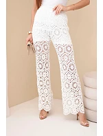 Dámské bavlněné ažurové kalhoty se širokými nohavicemi a elastickým pasem bílé