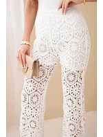 Dámské bavlněné ažurové kalhoty se širokými nohavicemi a elastickým pasem bílé