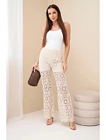 Dámské bavlněné ažurové kalhoty se širokými nohavicemi a elastickým pasem béžové