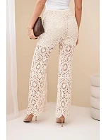 Dámské bavlněné ažurové kalhoty se širokými nohavicemi a elastickým pasem béžové