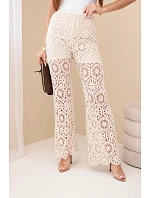 Dámské bavlněné ažurové kalhoty se širokými nohavicemi a elastickým pasem béžové