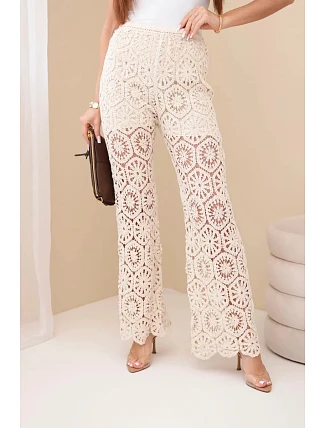 Dámské bavlněné ažurové kalhoty se širokými nohavicemi a elastickým pasem béžové