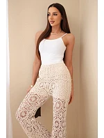 Dámské bavlněné ažurové kalhoty se širokými nohavicemi a elastickým pasem béžové