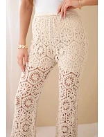 Dámské bavlněné ažurové kalhoty se širokými nohavicemi a elastickým pasem béžové